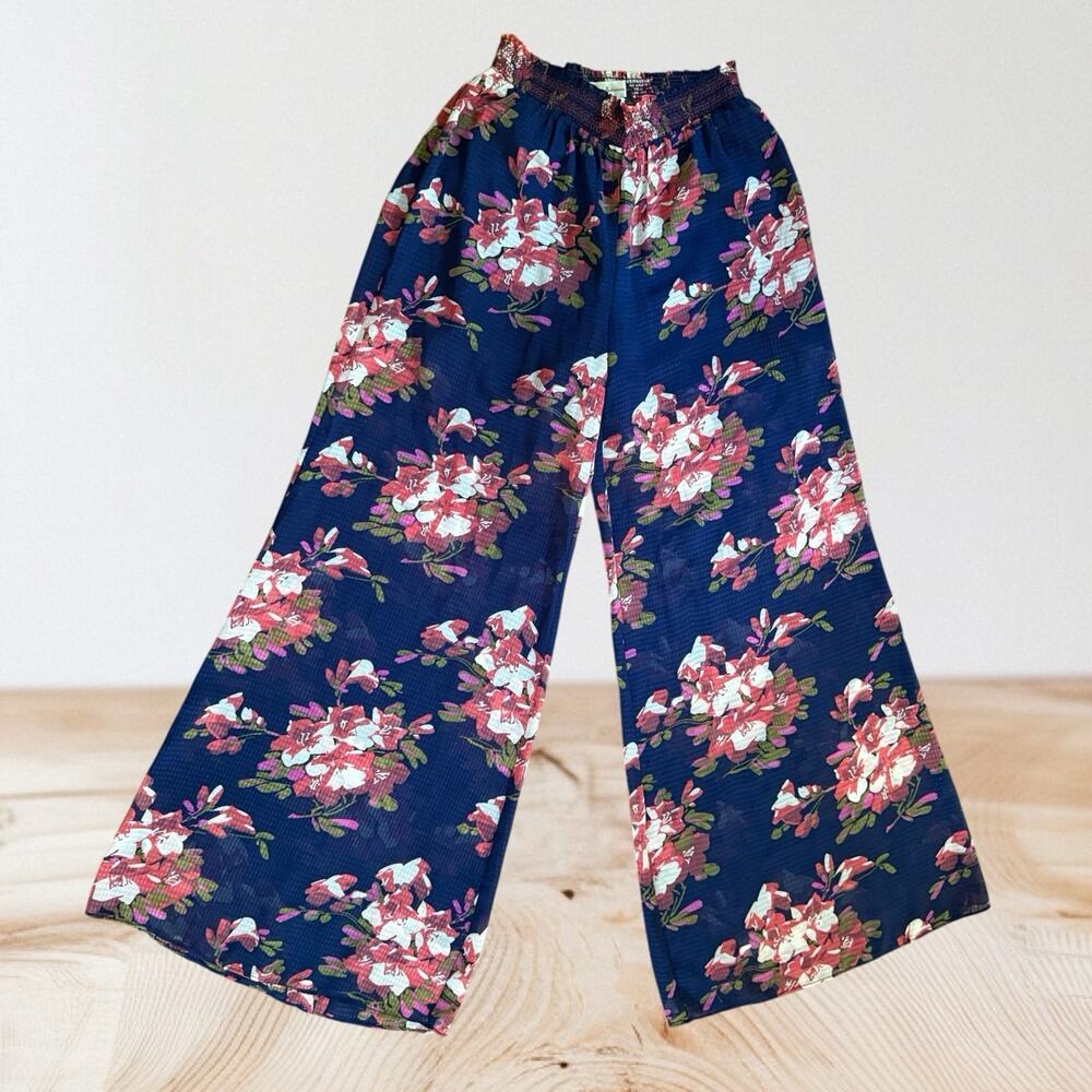 Elevenses‎ Anthropologie Wide Leg Palazzo Pants Sz M Navy Floral Print Festival